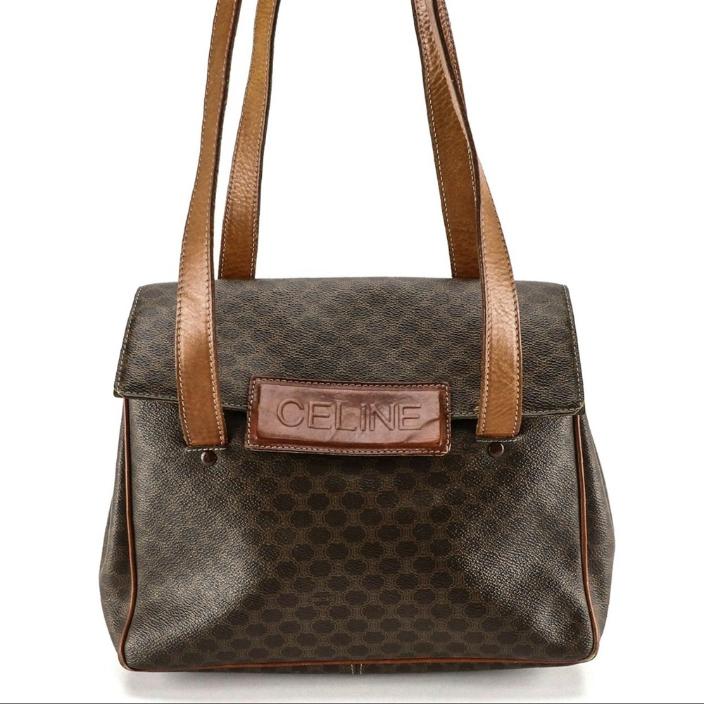 Celine Foldover Shoulder Bag in Dark Brown Macadam Canvas and Leather
